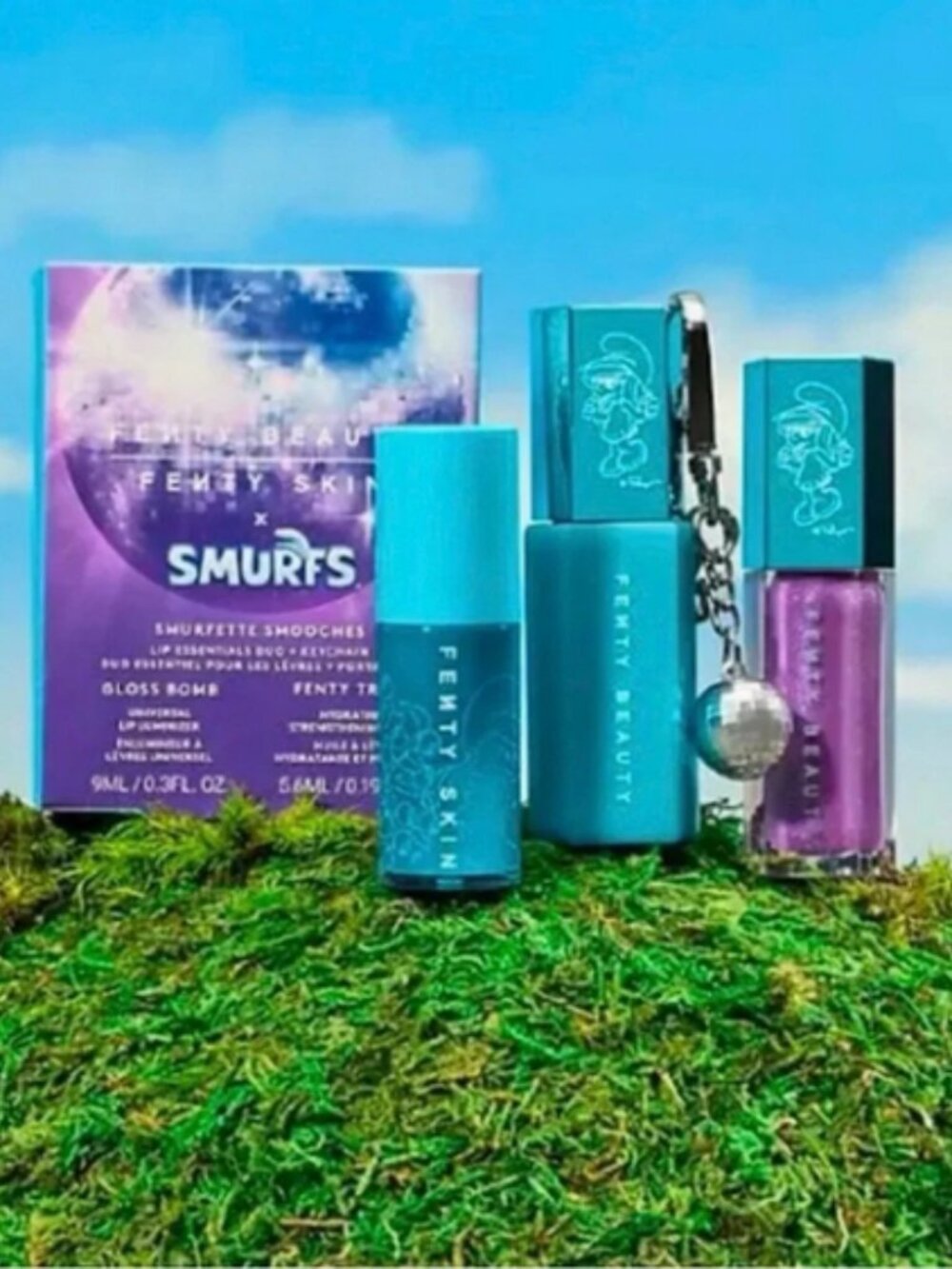 🆕 NIB 💖 FENTY BEAUTY X SMURF Smurfette Smooches Lip Essentials Duo + Keychain